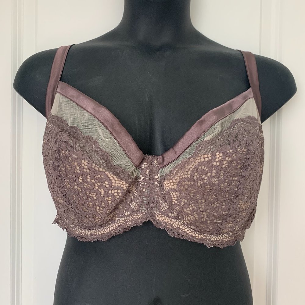 EUC Cacique 46DDD Full Coverage Mauve Gray Lace Bra